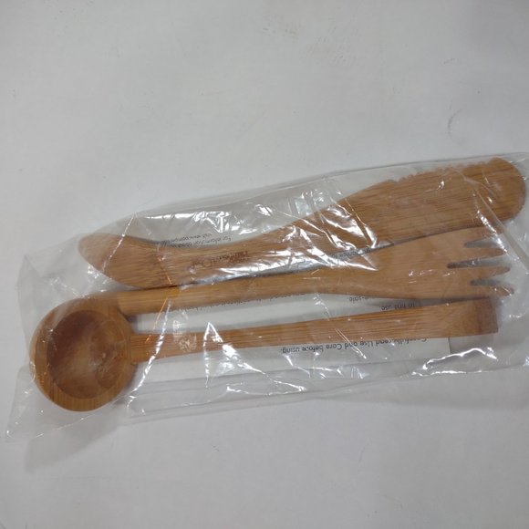 Pampered Chef Bamboo Serving Set 3 Piece Ladle, Fork, Spreader NEW - Picture 2 of 4